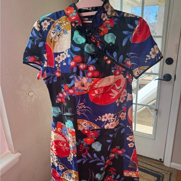 knee length dresses for ladies Floral Brocade Open Front Mini Cheongsam Chic Chinese Dress Black & Red / M main image 0